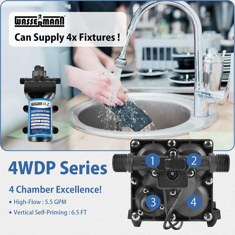 wassermann 115V AC Diaphragm Pump, 5.5 GPM 65 PSI 1/2" NPSM Connection, 4-Chamber Self-Priming Fresh Water Pressure Pump with Pressure Switch for Garden Kitchen Bathroom Marine Camper RV - Image 2